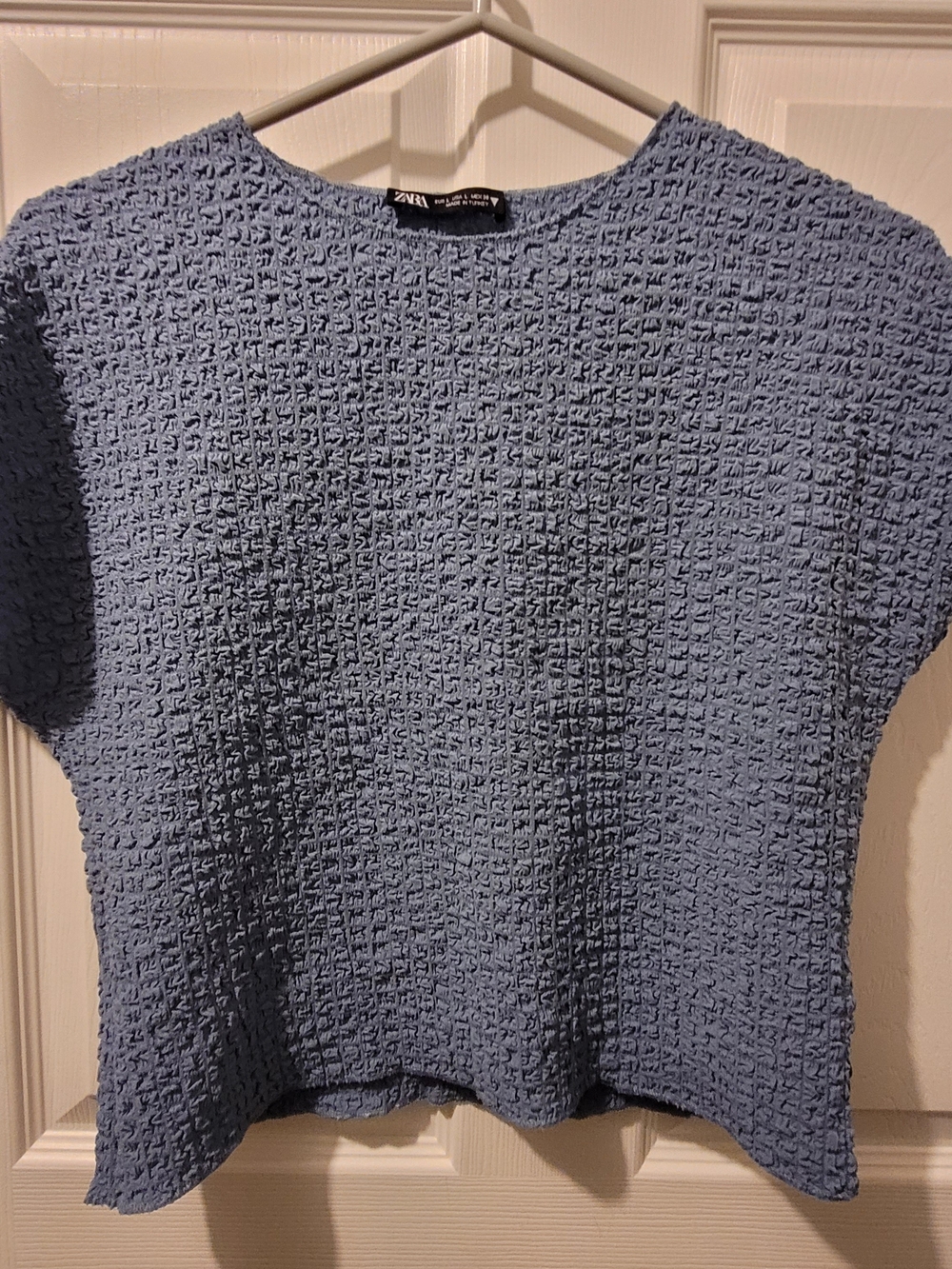 Zara Dusty Blue Waffle-Knit Short Sleeve Top